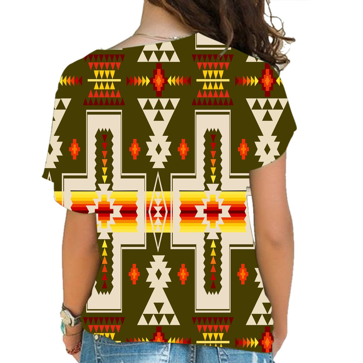 Light green cross-shoulder shirt with multicolor native tribal geometric pattern on back