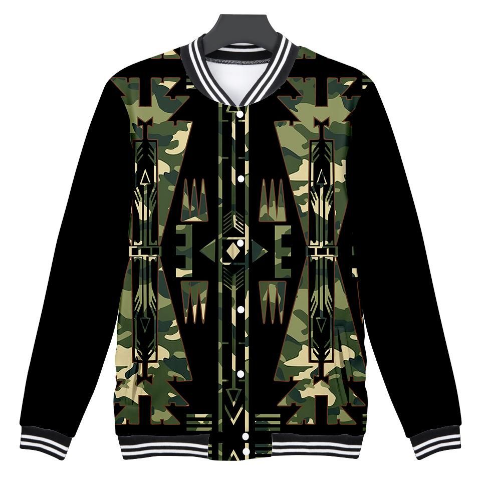 All-over camo arrow baseball jacket, black with green/khaki multicolor print