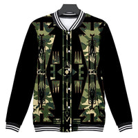All-over camo arrow baseball jacket, black with green/khaki multicolor print