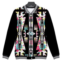 Black baseball jacket with multicolor floral arrow print, striped ribbed collar and cuffs