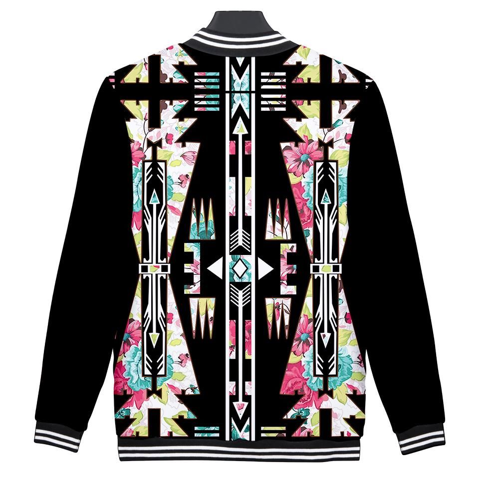 Black varsity jacket back with multicolor floral arrow all-over print, striped ribbed hem