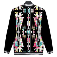 Black varsity jacket back with multicolor floral arrow all-over print, striped ribbed hem