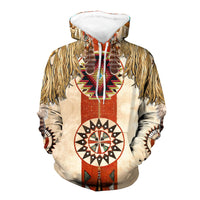 Pullover hoodie with multicolor native drum head graphic and fringe details on sleeves