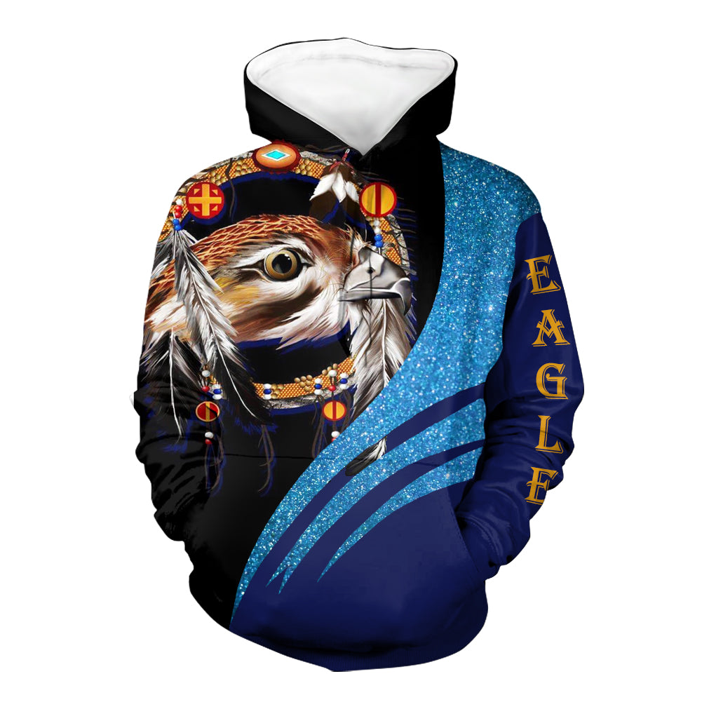 3D eagle dreamcatcher graphic pullover hoodie with black and blue colorblock