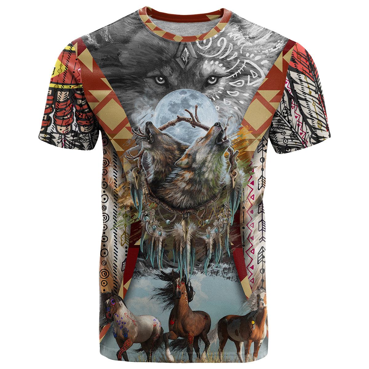 native-american-feather-headdress-with-native-horses-and-three-wolves-in-moonlight-african-pattern-t-shirt