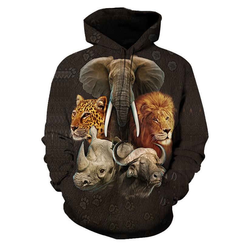 All-over animal hoodie: elephant, lion, leopard; dark fabric; pullover hood