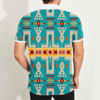 Back view of turquoise polo with Native geometric pattern, short sleeves