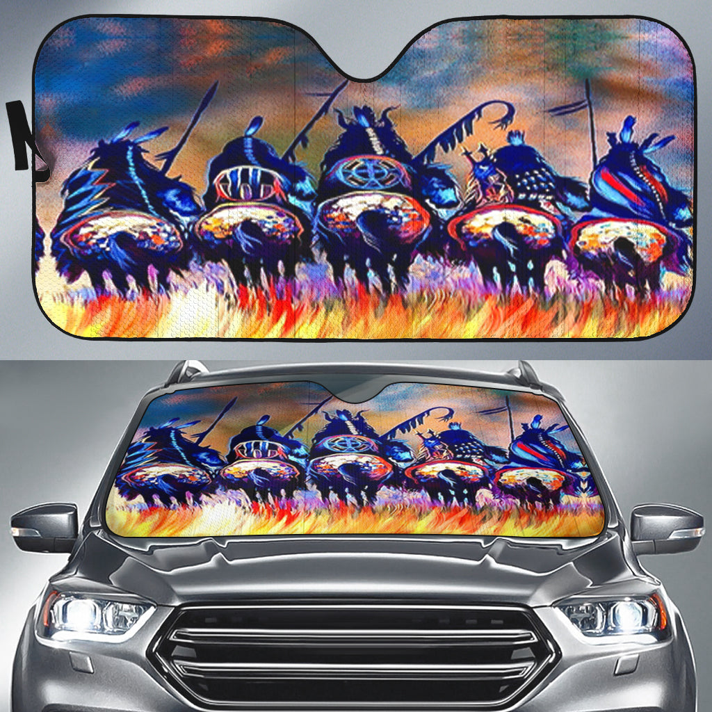 Multicolor Native American auto sun shade with horses and flames graphic