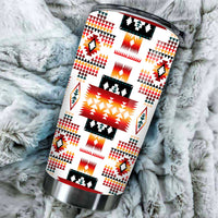 20oz Native American geometric pattern tumbler with stainless lid and colorful red/orange motifs