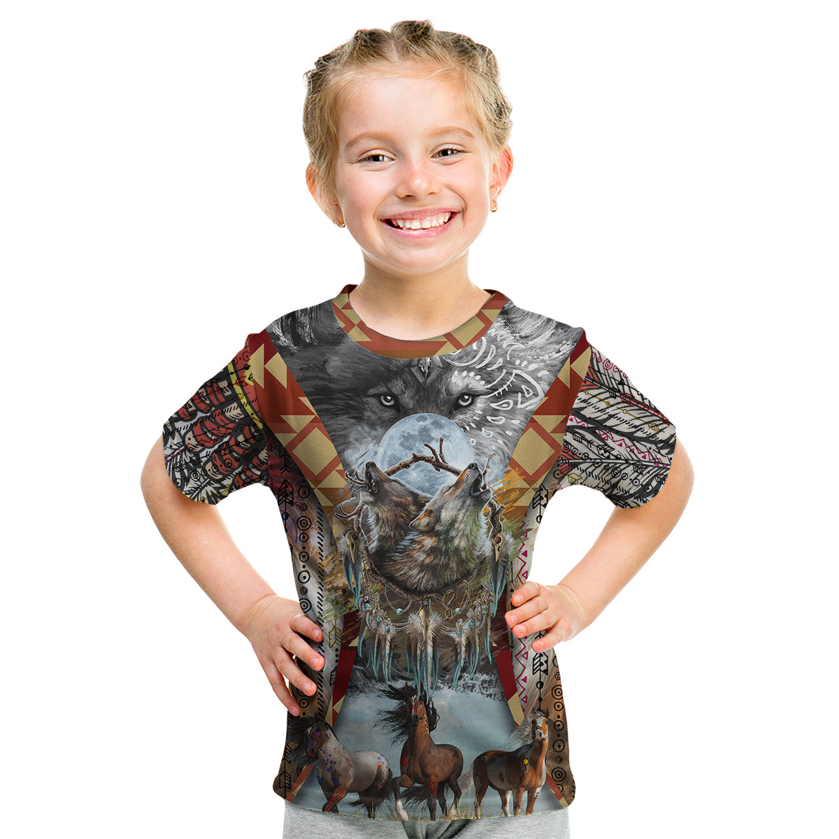 native-american-feather-headdress-with-native-horses-and-three-wolves-in-moonlight-african-pattern-kid-t-shirt