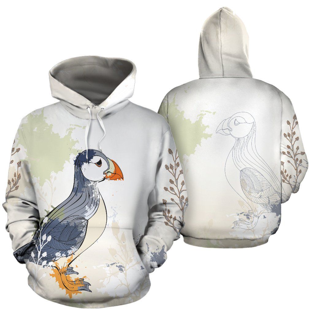 Light pullover hoodie with puffin graphic on front and back sleeves, floral branches print