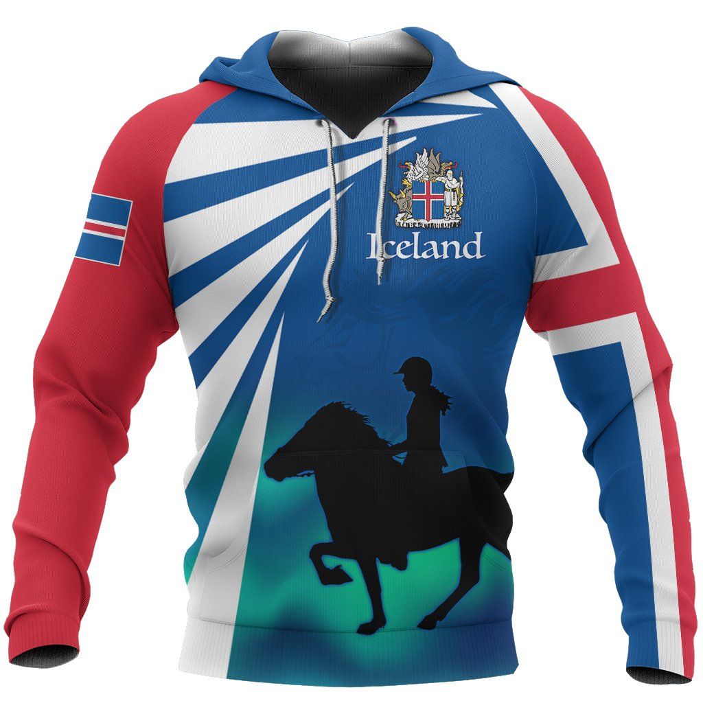 Colorful pullover hoodie with Iceland flag rays and horse coat of arms graphic