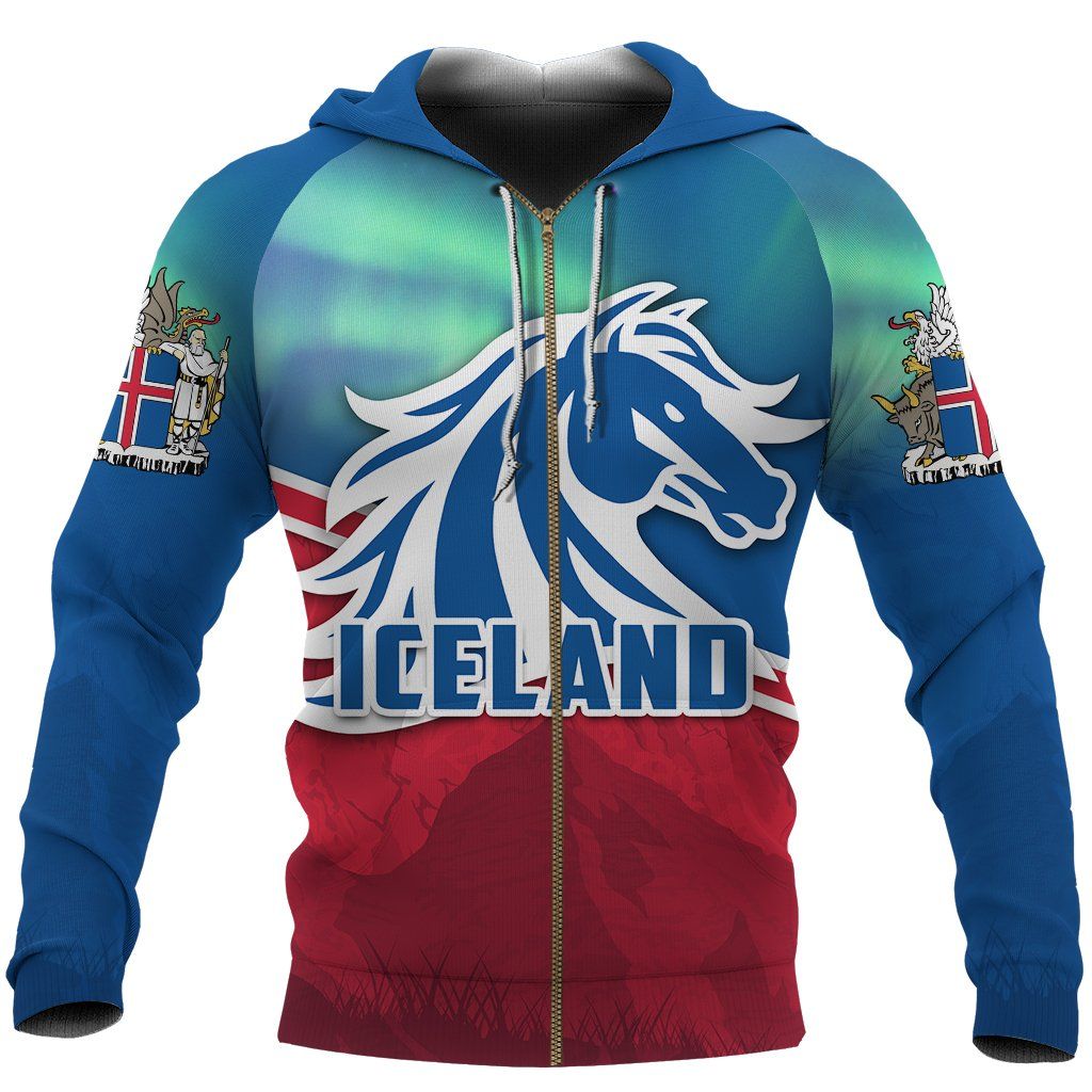 Multicolor zip hoodie with horse head logo and ICELAND text, aurora blue-green and red