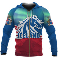 Multicolor zip hoodie with horse head logo and ICELAND text, aurora blue-green and red