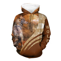 Pullover hoodie with 3D wolf and moon print, brown multicolor front
