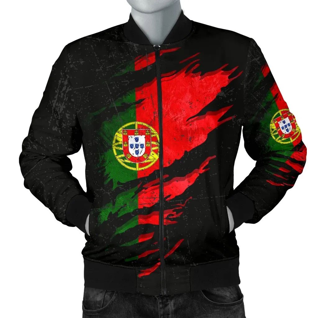 Black bomber jacket with red and green graphic, Portugal crest patch, full front zip