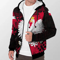 Red and black zip sherpa hoodie with white hood lining and large eagle graphic