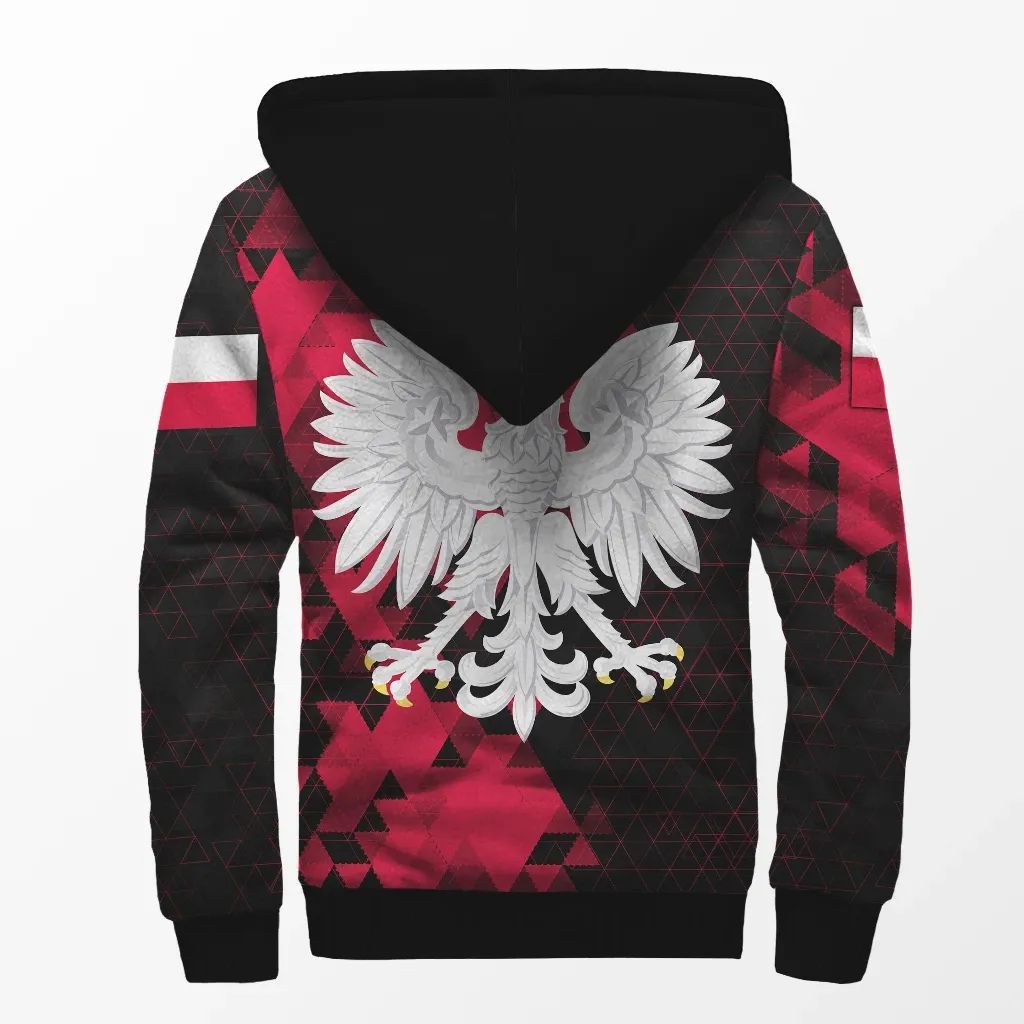 Back view: red-and-black sherpa hoodie with white eagle emblem and hood