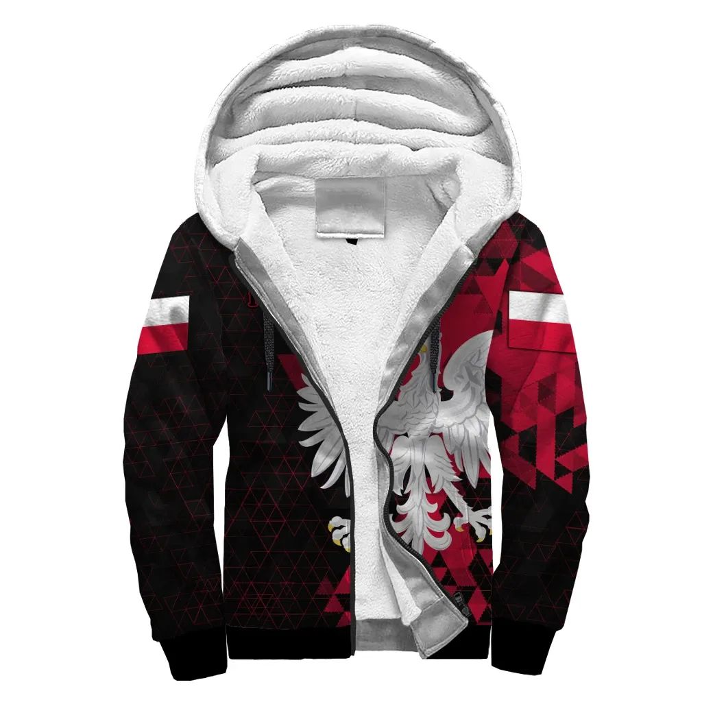 Poland flag sherpa hoodie, pullover style, red and black geometric eagle print
