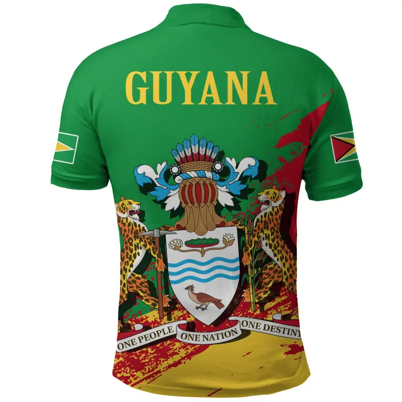 Green Guyana polo shirt, GUYANA text on back with crest graphic and flags