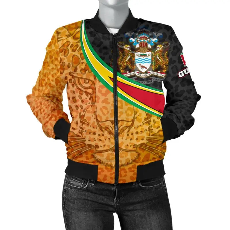 Guyana Womens Bomber Jacket - Guyana Coat of Arms and Jaguar Patterns RLT8 - Wonder Print Shop