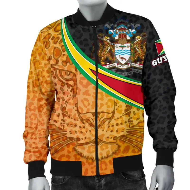 Guyana Mens Bomber Jacket - Guyana Coat of Arms and Jaguar Patterns RLT8 - Wonder Print Shop