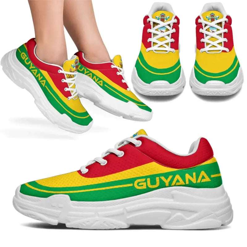 Guyana flag chunky sneakers: red/yellow/green panels, white laces, thick white sole