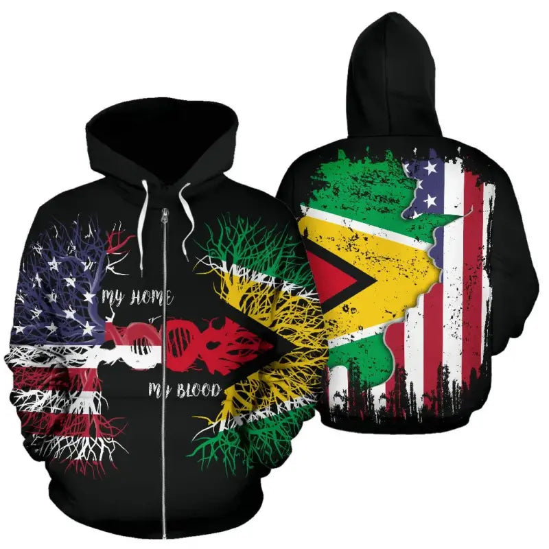 Black zip hoodie shown front and back: multicolor Guyana-flag prints, tree/root graphics