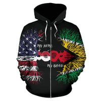 Black zip hoodie front: multicolor tree/root graphic with 'My home' and 'My blood' text