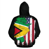 Black zip hoodie back: large multicolor Guyana-flag graphic with hood and zipper