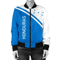Women’s bomber jacket with blue-and-white panels, black ribbed collar and full zipper