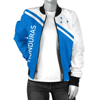 Blue-and-white bomber jacket front view, HONDURAS vertical print, black ribbed cuffs