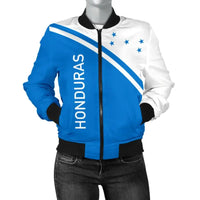 Bomber jacket front view, black zipper, white stars on right side and diagonal stripe