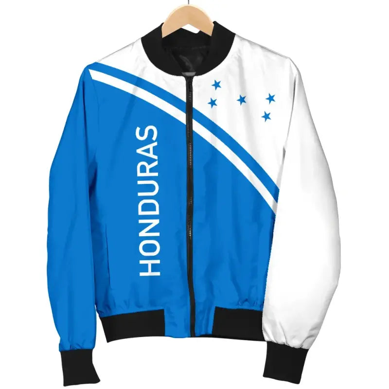 Blue-and-white bomber jacket on hanger, black ribbed cuffs, front zipper and sleeve graphic