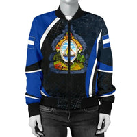 Blue and dark bomber jacket, front view with crest print and white stripe accents
