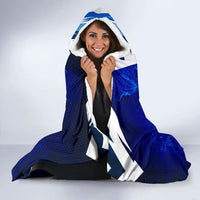 Honduras hooded blanket with hood up, white zigzag edge and blue smoke crest design