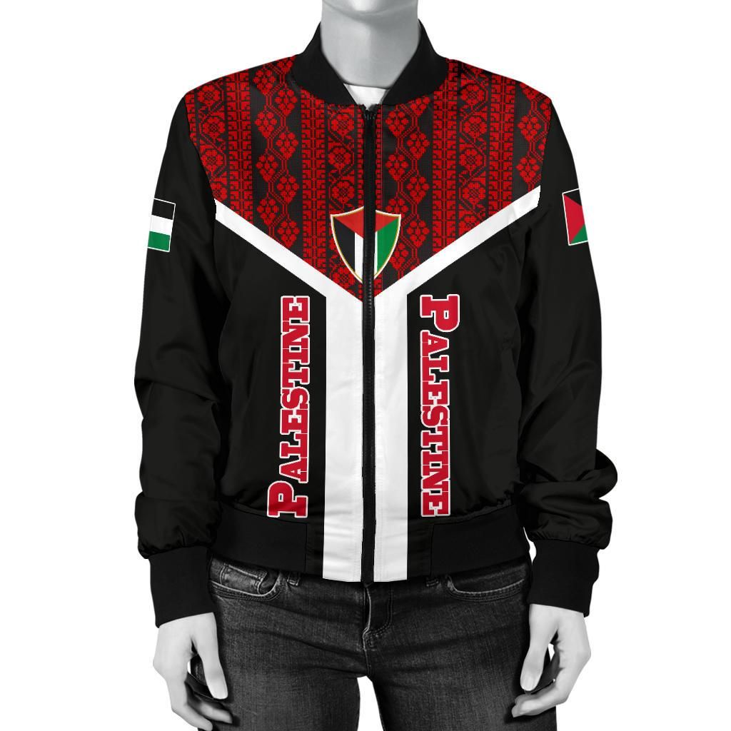 Black bomber jacket front view with red patterned panel, white chevron and full zipper