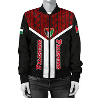 Black bomber jacket front view with red patterned panel, white chevron and full zipper