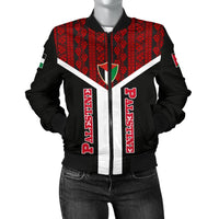 Black bomber jacket with red pattern stripe, white accents, Palestine and Palästina text
