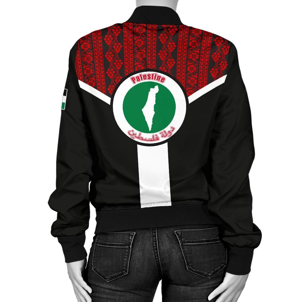Back view black bomber with red patterned panel, white chevron, Palestine emblem