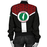 Back view black bomber with red patterned panel, white chevron, Palestine emblem