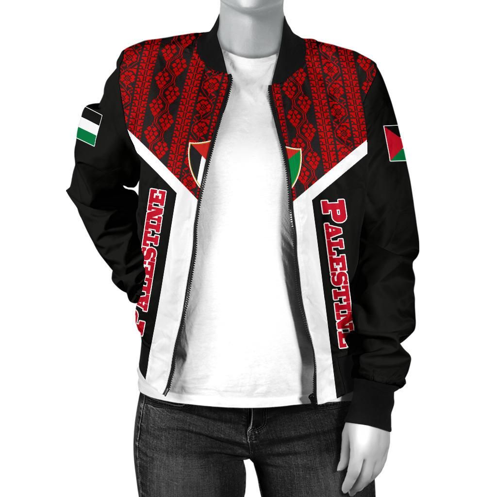 Black bomber jacket with Palestine & Palästina sleeve print, red pattern, white stripe