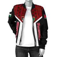 Black bomber jacket with Palestine & Palästina sleeve print, red pattern, white stripe