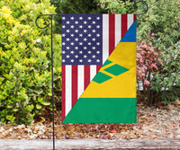 Garden flag with US stars and stripes and Saint Vincent and Grenadines diagonal tri-color