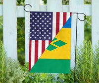 Garden flag on metal hooks showing US stars, stripes, and Saint Vincent green-yellow-blue