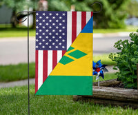 Garden flag on a stake featuring US stars and stripes with Saint Vincent green-yellow-blue