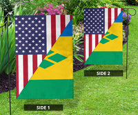 Two garden flags with Side 1 and Side 2 labels, showing US and Saint Vincent designs