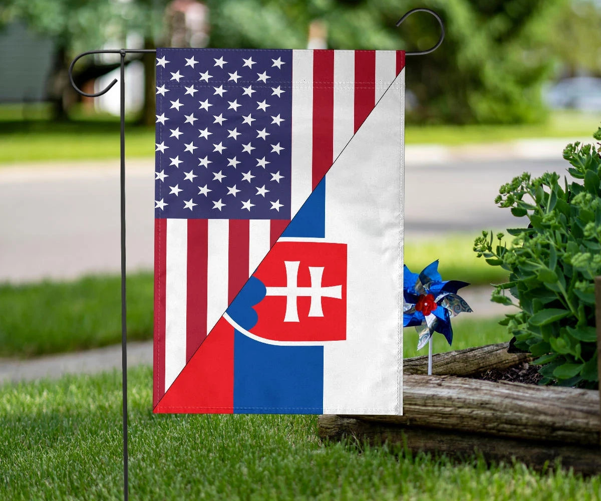 U.S. and Slovakia double-flag design garden flag with stars, stripes, and red-blue emblem