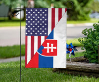 U.S. and Slovakia double-flag design garden flag with stars, stripes, and red-blue emblem