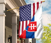 US and Slovakia flags fabric banner hanging from a wall mount with stars and emblem